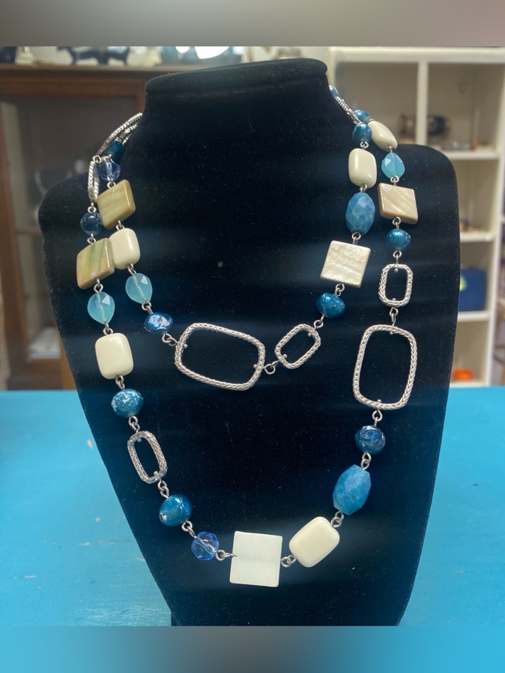 Lia Sophia Blue and Cream Multi-Strand Beaded Necklace - Unbranded